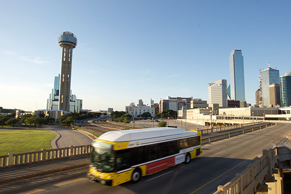 Dallas Area Rapid Transit bus driving by downtown Dallas
